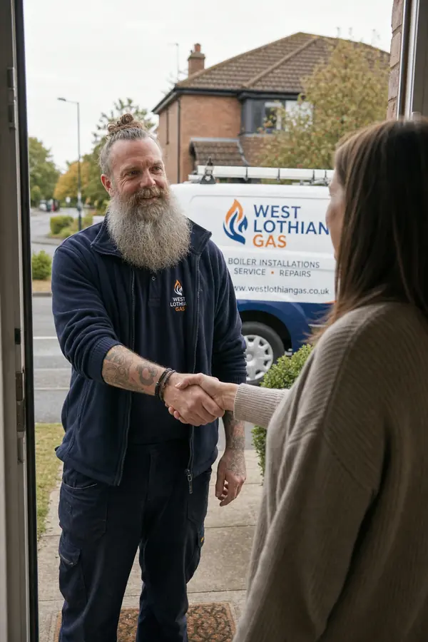 Engineer shaking hands with a happy customer at their front door