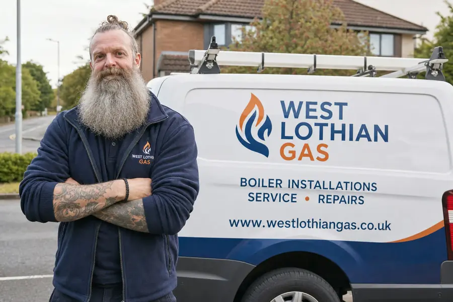 West Lothian Gas engineer standing beside the branded van