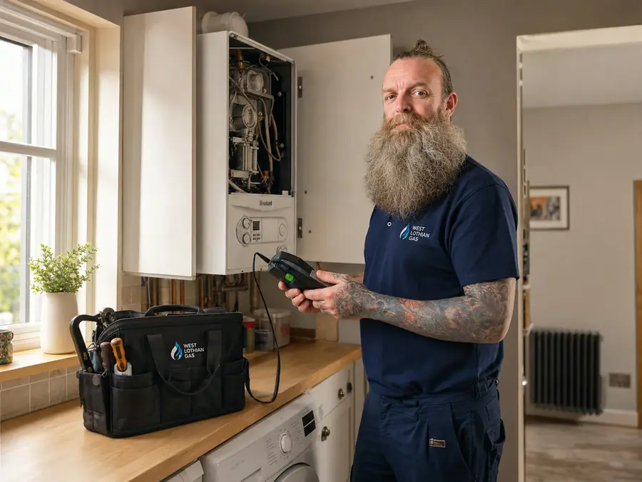 Engineer with West Lothian Gas tool bag checking a boiler in a customer's kitchen